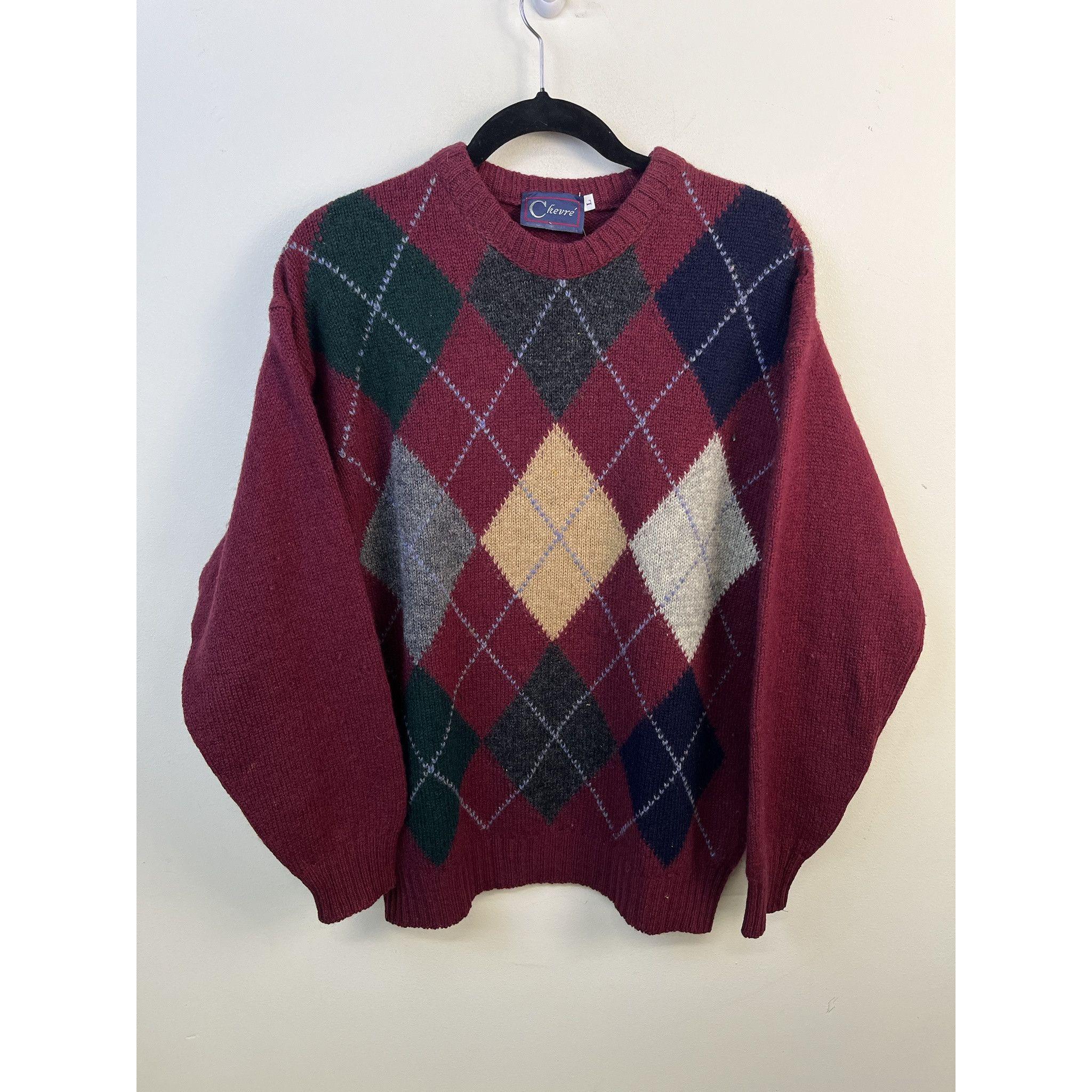 Vintage Knit Sweater 1990s Thick Knit Chevre Argyle Maroon