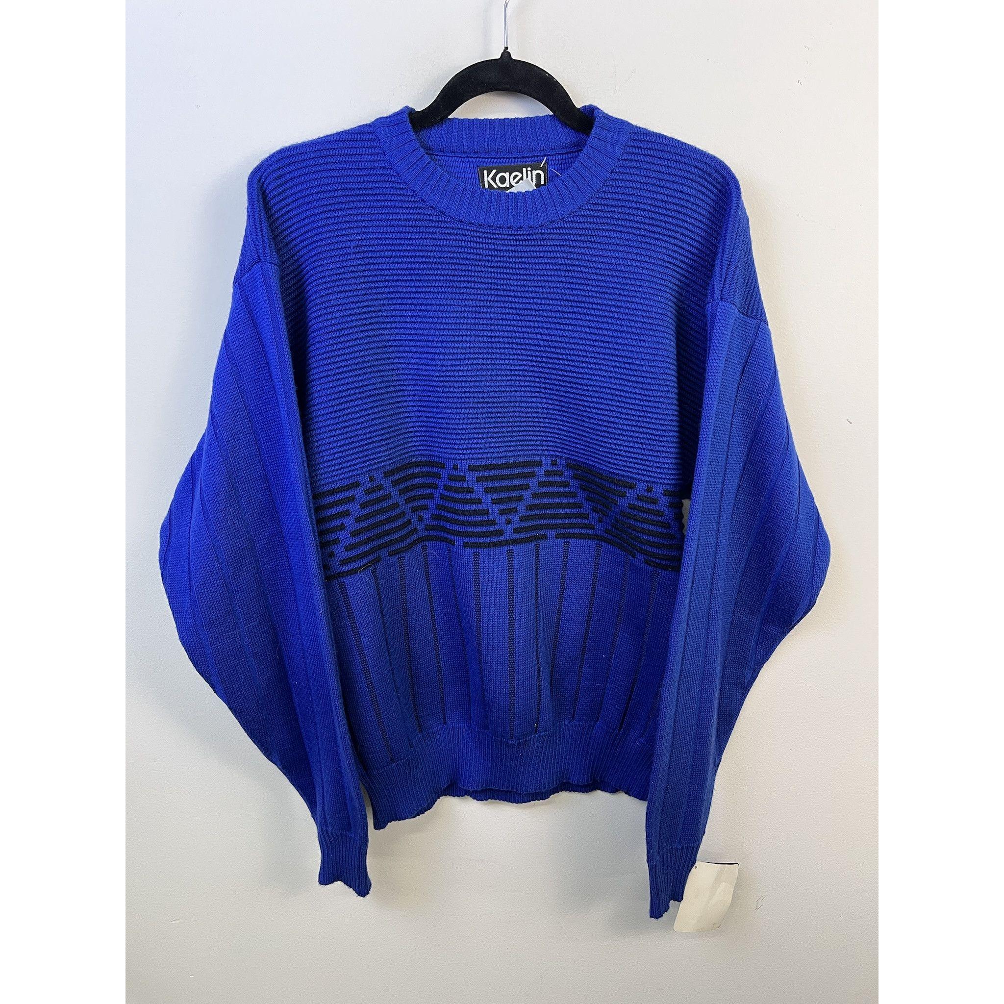 Vintage Knit Sweater 1990s Thick Knit Kaelin Blue Striped 3D Knit