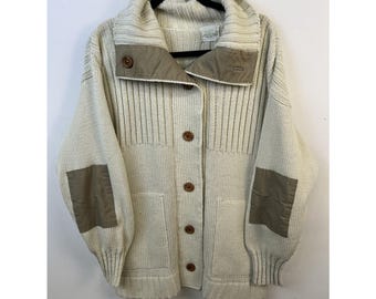 Vintage Knit Sweater 1990s European Knit Leather Patch Knit Cardigan Size L