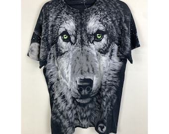 Vintge 1996 All Over Print Wolf T-Shirt Flüssiges Blau Single Stitch AOP Wolf T-Shirt Größe Lvintage tshirt