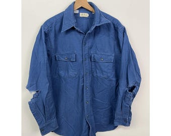 Vintage LL Bean 2000s Blue Chamois Flannel Distressed Elbow SIze XL (16.5)