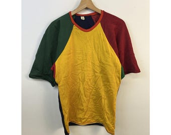 Vintage 1970s Peace Dogs Colorblock Poly Rainbow Jersey Size M (44)