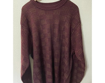 Vintage y2k XL Maroon Alternation Knit Sweater Grandpa Chunky Striped Knit Thick Sweater Winter Fall Cozy 90s 80s