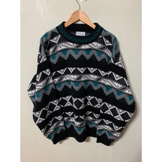 Vintage Turquoise Core Jagged Band Knit Sweater - image 1