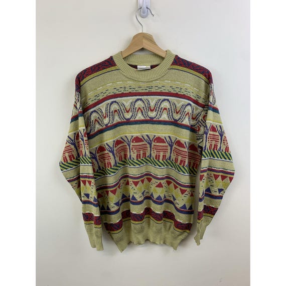 Christmas Gift Ideas Vintage 1990s Elephant Stripe Knit Sweater Size M Christmas Gift Vintage