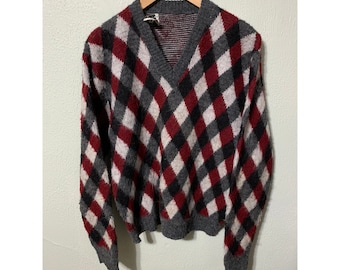 Vintage Diamond Shag V Neck Knit Sweater
