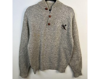 Vintage Knit Sweater 1980s Thick Knit Guide Line Heatjer Button Neck Fisherman's Sweater Size L