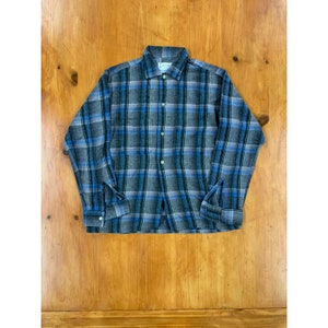 Vintage 80s Grey Blue Plaid Flannel