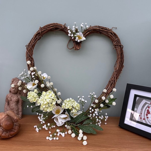 White Spring Heart Wicker Wreath