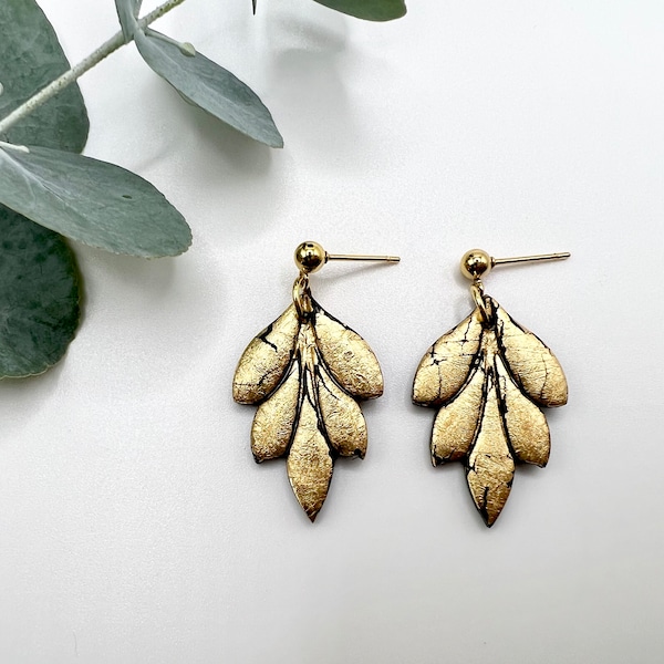 Shimmery Gold Leaf Earrings with Black Accents