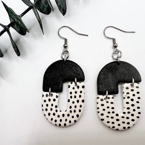 Polymer Clay Earrings Black and White Lightweight Hypoallergenic Oval Earrings