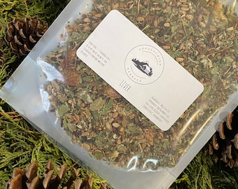 May include: A clear plastic bag filled with a blend of dried herbs labeled "Liver" by Appalachian Herbals. The label includes directions for use: "Directions: 1-2 tablespoons per 1 cup of hot water. Allow to steep for 10 minutes. Add honey or other sweetener as desired."