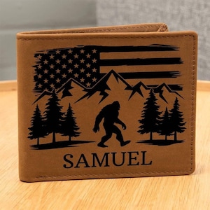 Cartera de cuero personalizada para hombres, idea de regalo de Bigfoot, cartera de cuero personalizada grabada para el esposo, regalo de cumpleaños para el día del padre, regalo para papá