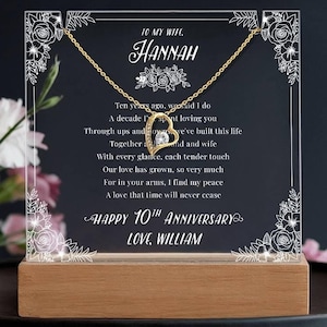Regalo del décimo aniversario para esposa, regalo de aniversario con placa de acrílico, obra de arte de aniversario personalizada, regalo de collar de corazón, placa de acrílico