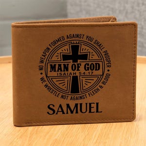 Cartera para niños, regalos cristianos para hombres, billetera con versículos bíblicos personalizada para él, regalos grabados para el esposo, Isaías 54:17, billetera con nombre personalizado