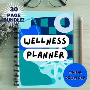Könnte beinhalten: Ein blauer und grüner Wellness-Planer mit Spiralbindung. Der Umschlag zeigt abstrakte Formen und den Text "WELLNESS PLANNER" in fetten schwarzen Buchstaben. Ein blauer Kreis mit dem Text "DIGITALER DOWNLOAD" befindet sich in der rechten unteren Ecke.