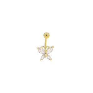 Butterfly Belly Button Piercing | Cubic Zirconia Naval Piercing | Stainless Steel | 14 Gauge - 1.4mm | Waterproof | Hypoallergenic | Gold |