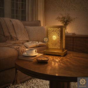 Può includere: Una lampada rettangolare color oro con intricati motivi traforati, che proietta motivi di luce decorativi su un tavolo marrone scuro. La lampada poggia su una base di legno. Una tazza di caffè, un libro e una piccola ciotola sono anche sul tavolo.