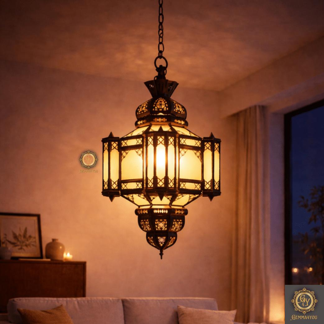 Lanterne marocaine artisanale en fer forgé, photophore en or