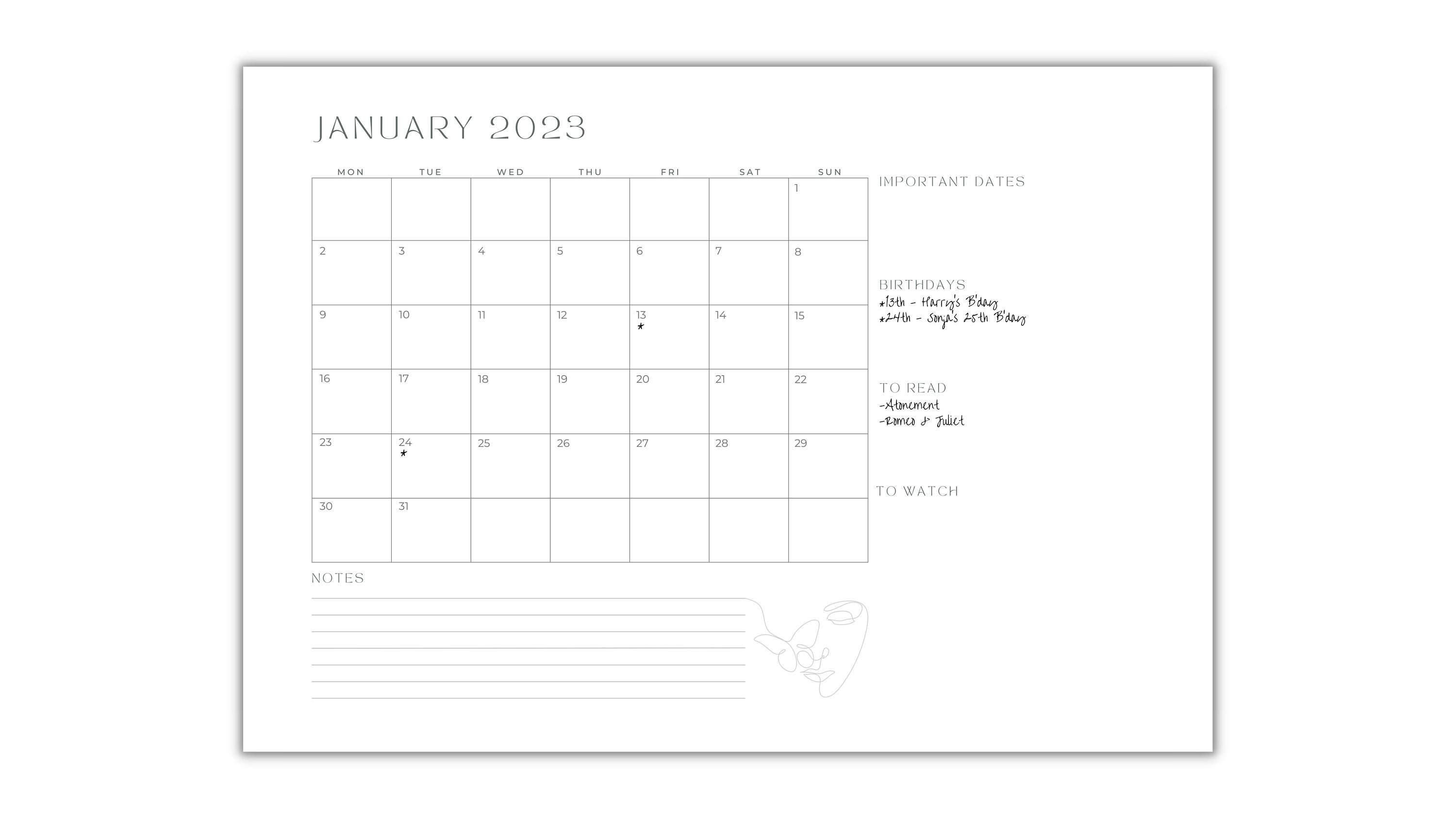 simple-printable-2023-calendar-with-space-for-notes-etsy