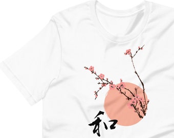 Camiseta con estampado de flores de cerezo en kanji, camiseta gráfica japonesa de sakura.