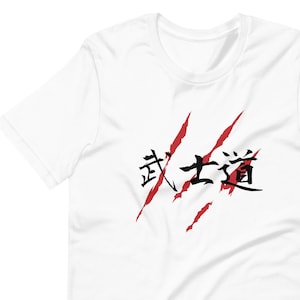 May include: White t-shirt with red claw marks and the Japanese text "Bushido" in black.