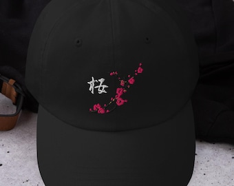Kirschblüten-Grafik gestickter Vati-Hut, japanischer Sakura-Hut, Kanji-Symbol-Unisex-Baseballmütze, japanisches Geschenk