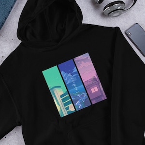 3 Views of LoFi Aesthetic Unisex Hoodie, Japanese Letter Hoodie, Vaporwave Hoodie, Anime Clothing, Japanese Gift