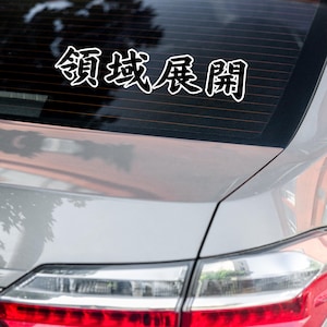 May include: White vinyl decal with Japanese characters, applied to the rear window of a silver car. The text reads "領域展開" in a bold, stylized font. The car's taillight is visible at the bottom of the image.