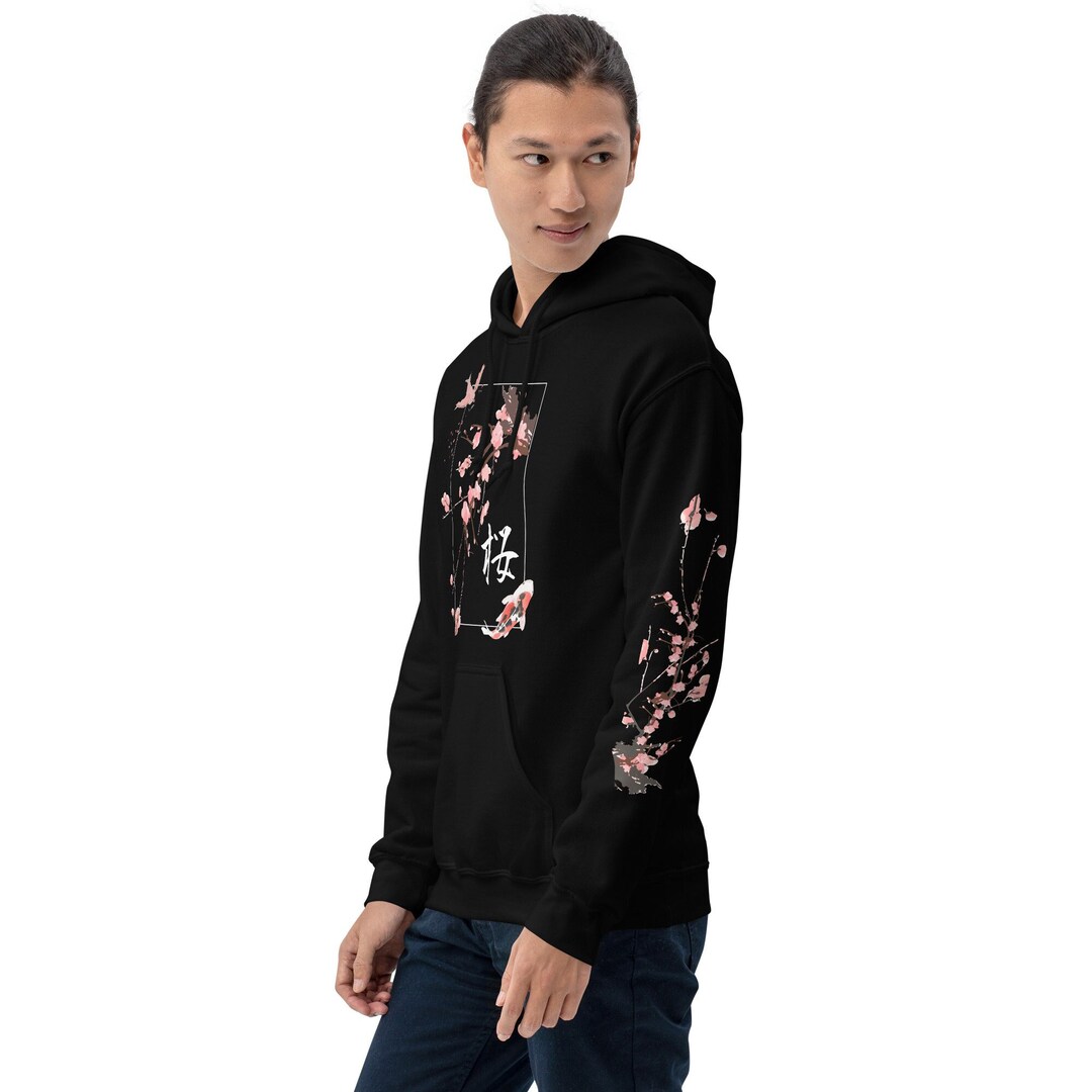 Cherry Blossom Koi Fish Pattern Print Men Pullover Hoodie
