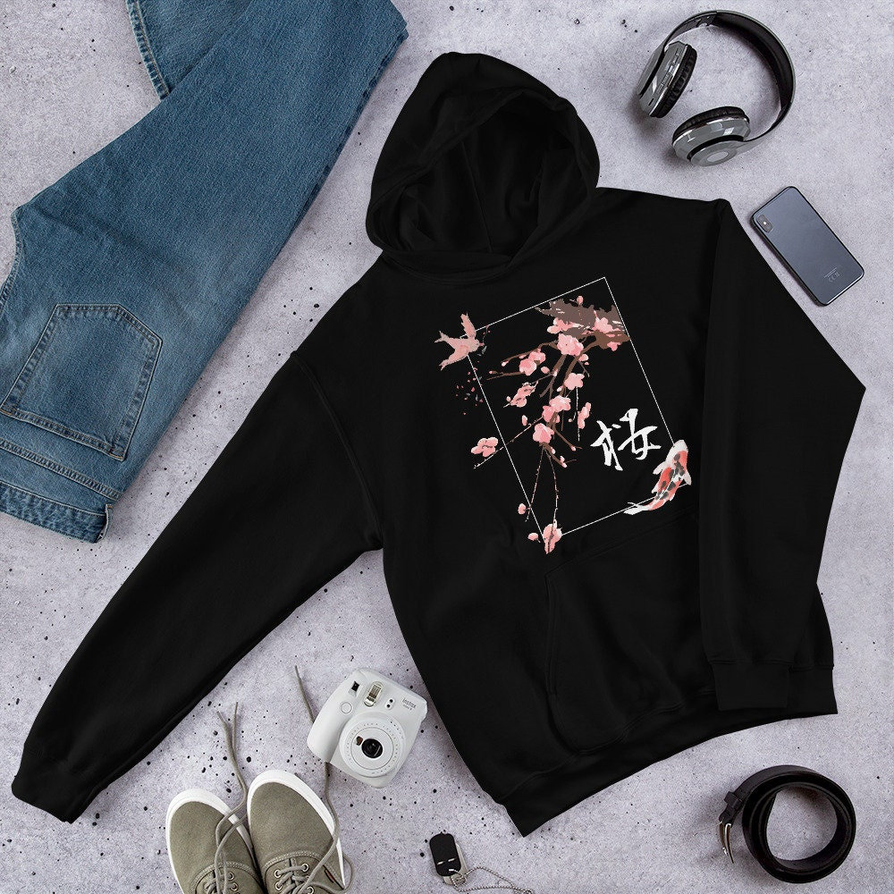 Cherry Blossom Koi Fish Graphic Hoodie, Japanese Vintage Art