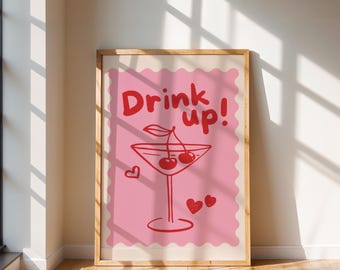 Bold Drink Up Kitchen-print, kunst aan de muur galerij, schattige roze en rode print, woondecoratie, dopaminekunst, digitale download