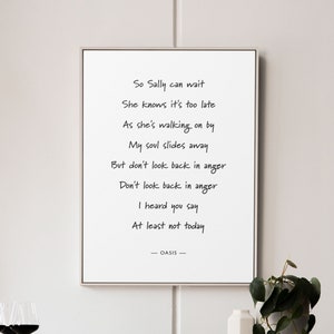 Printable Oasis &#39;Don&#39;t look Back in Anger&#39; Lyric Print, downloadable wall art, Digital Download