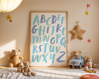 Blue Alphabet Nursery Wall Art Print, ABC Educational Poster for Kids, Children's Bedroom Decor, Playroom Learning Print, Digital Download