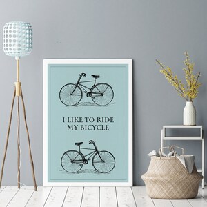 Printable &#39;I like to Ride My Bicycle&#39; vintage style cycling print, Downloadable art, Printable Wall Decor, Instant Download