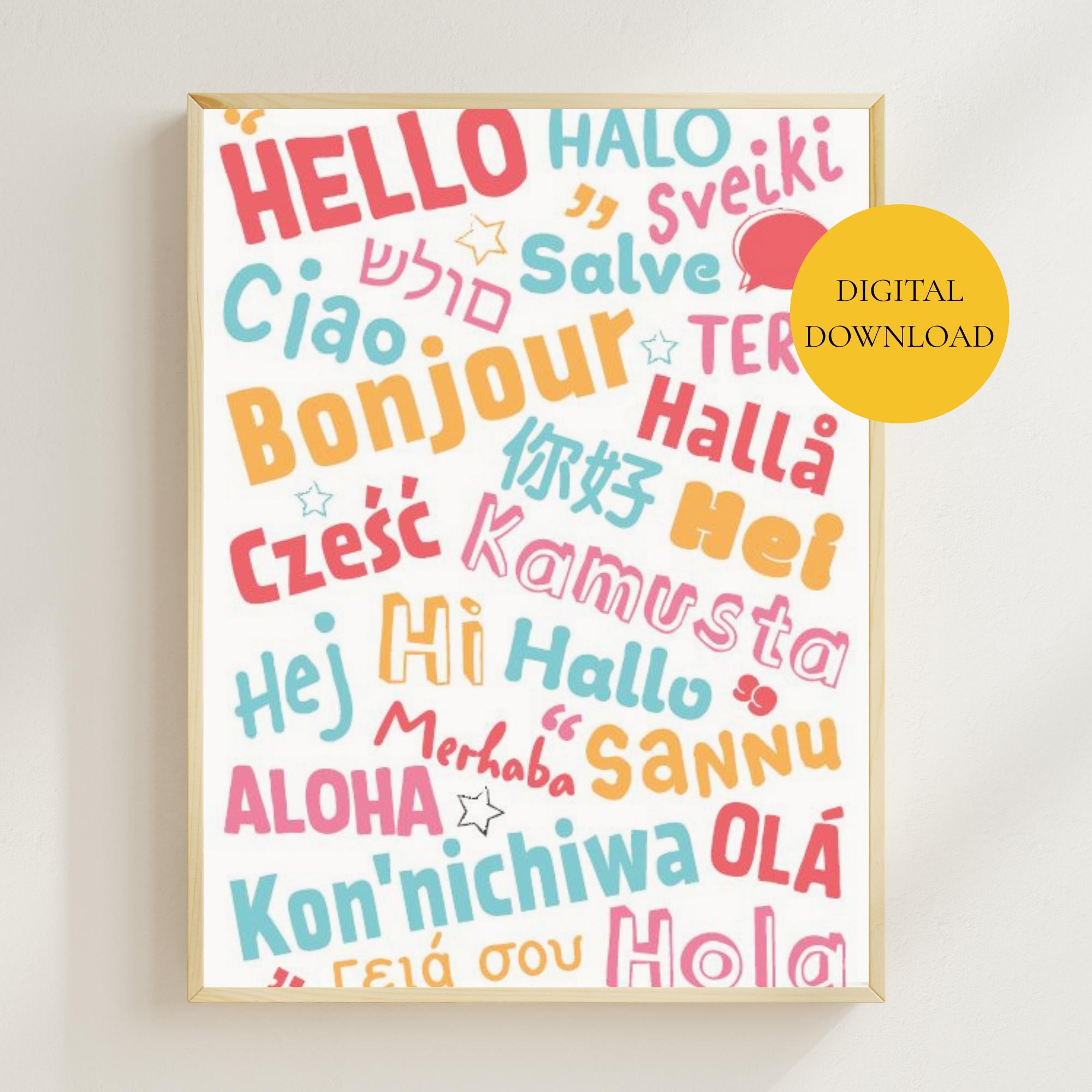 Printable Hello Poster in Different Languages, Colourful Wall Art, Retro Print, Home Decor ...