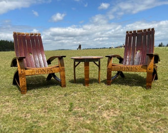 Two Wine Barrel Adirondack Chairs and Side Table - LOCAL PICKUP ONLY