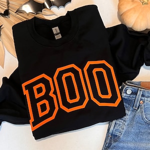BOO sweatshirt, Halloween sweatshirt, orange puff print on black sweatshirt
