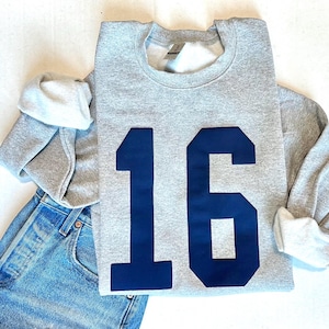 Può includere: Una felpa grigia con un grande numero 16 blu navy stampato sul davanti.