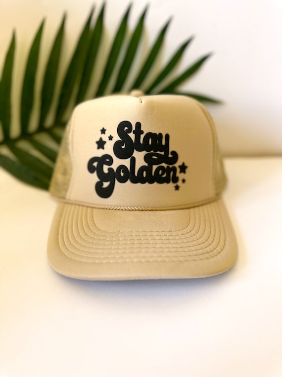 Stay Golden Beige Trucker Hat, Puff Vinyl Design