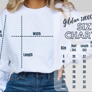 Op de afbeelding: Gildan 18000 Maattabel voor sweatshirts. De tabel toont maten S tot en met 4XL met metingen in inches voor borst, lengte en mouwlengte.