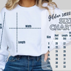 May include: Gildan 18000 size chart for sweatshirts. The chart shows measurements in inches for bust, length, and sleeve length for sizes S through 4XL.
