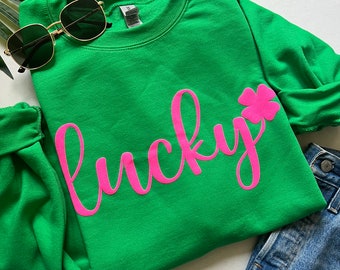 St. Patrick's Day Sweatshirt, Lucky Shamrock, Grün und Pink