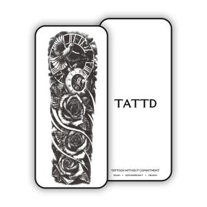 Temporary 2 Week Tattoos - Rose & Clock Semi-Permanent Sleeve Tattoo: Vegan-Friendly, Lasts 2 Weeks