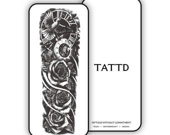 Semi Permanent Sleeve Tattoo | Rose Clock | Last up to 2 weeks | Vegan-Friendly | Gift Idea | Temporary Lasts 2 weeks | Halal |
