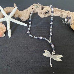 Handcrafted Purple Sea Glass and Crystal Dragonfly Pendant Necklace and Earrings