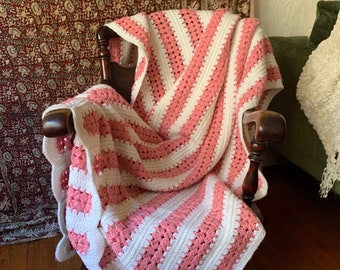 Pink White Stripe Valentine's Day Hand Knit Crochet Afghan Throw Blanket