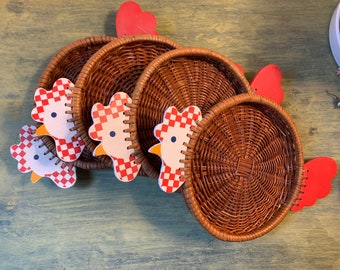 Set of 4 Wicker Wood Chicken Hen Cottagecore Farm Coasters