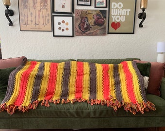 Retro Striped Vintage Crochet Afghan Throw Blanket | Pink Yellow Brown