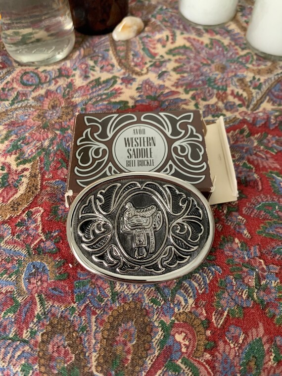 Vintage 1980 Avon Western Saddle Silver Belt Buckl